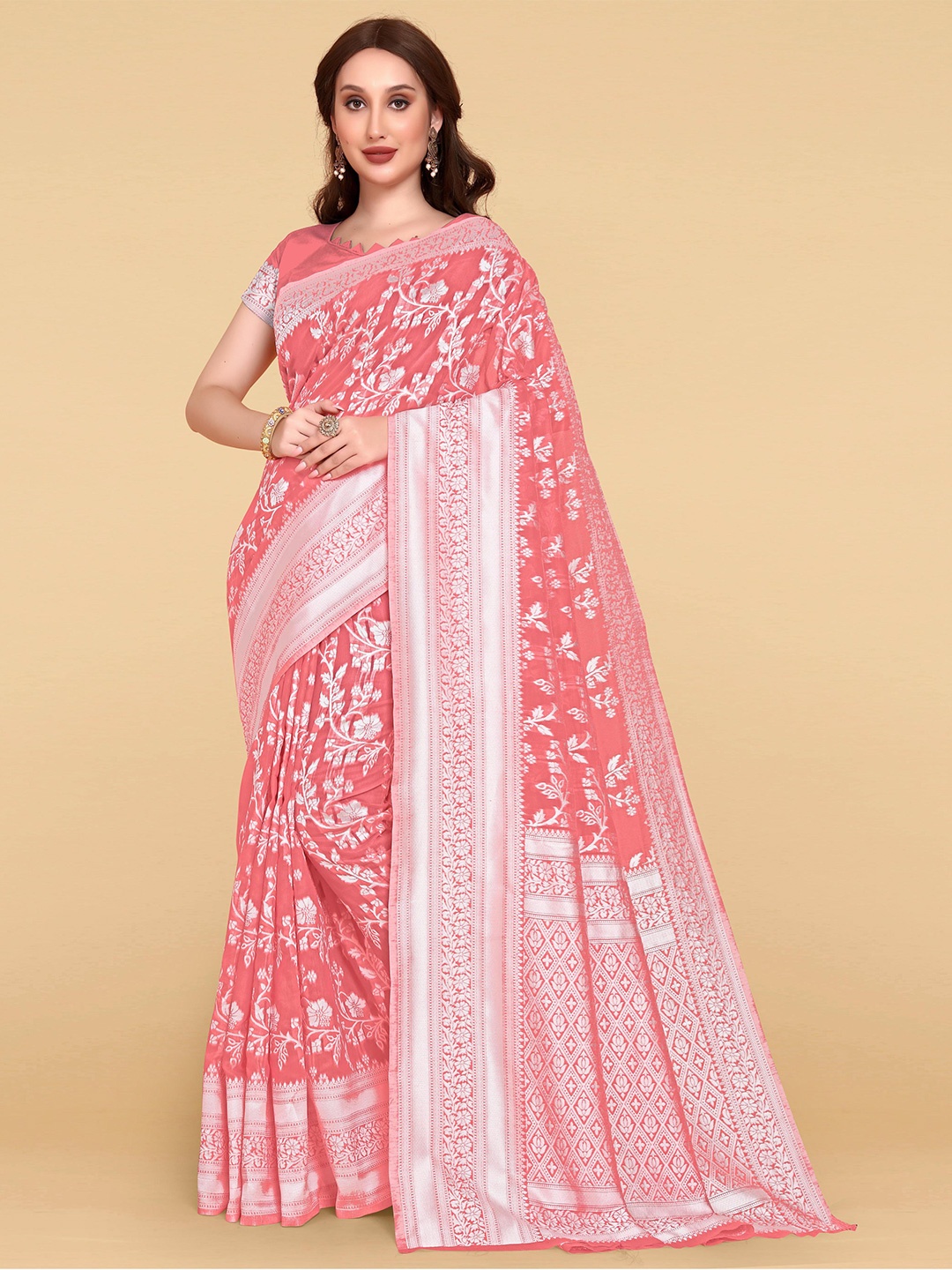 

LIMDO Woven Design Pure Cotton Jamdani Saree, Pink