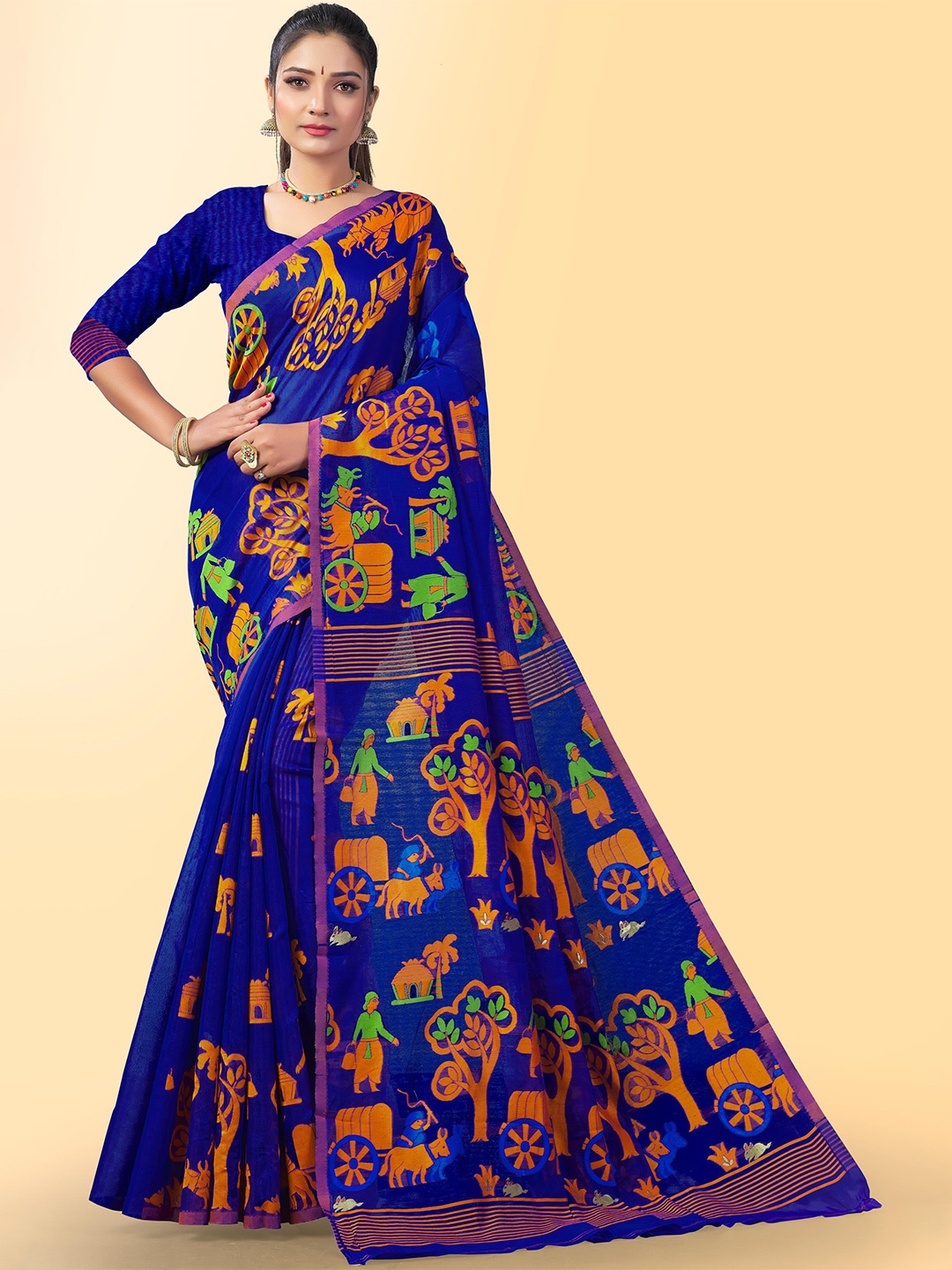 

LIMDO Floral Woven Design Pure Cotton Jamdani Saree, Blue