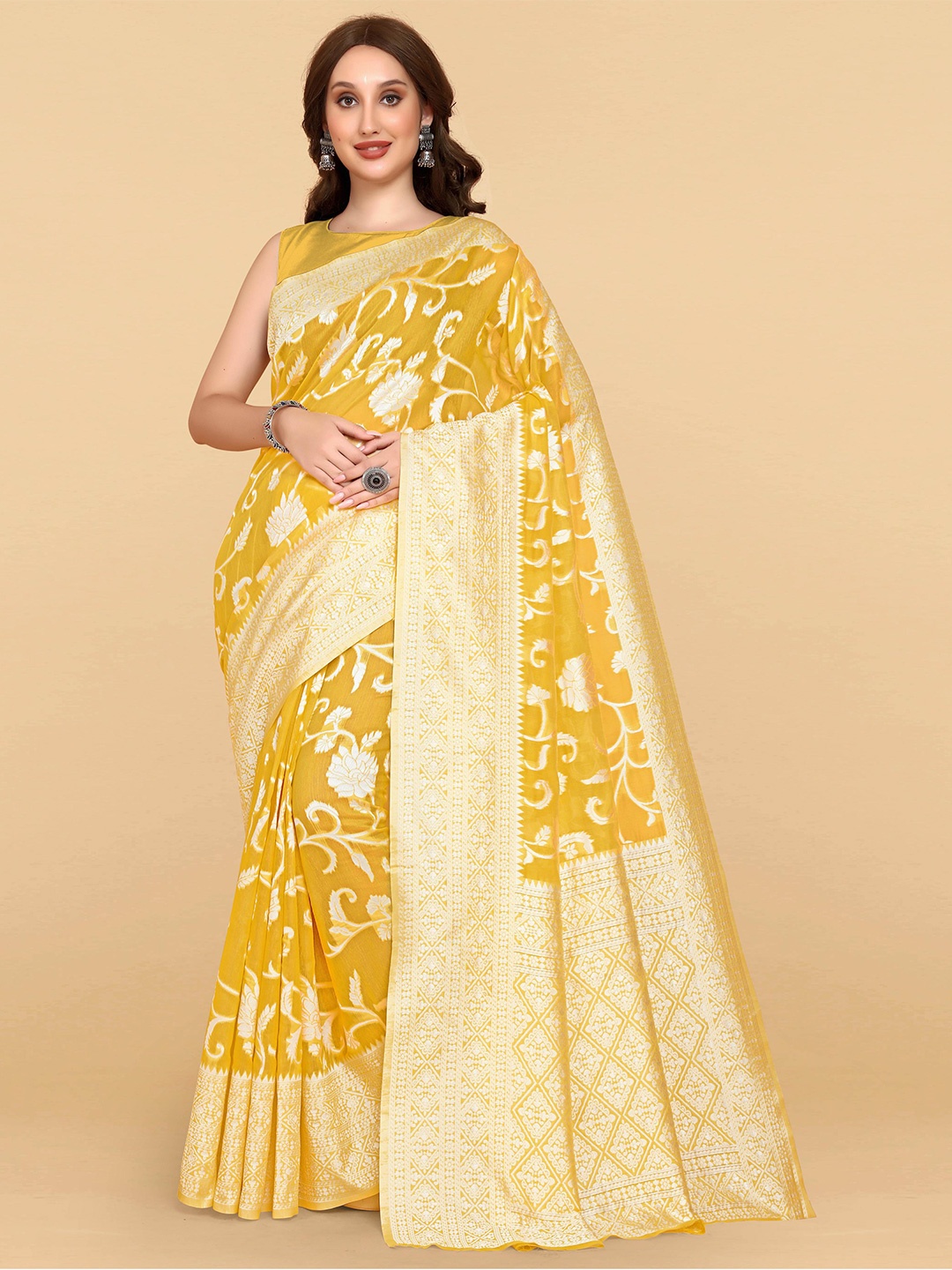 

LIMDO Floral Woven Design Zari Pure Cotton Jamdani Saree, Gold