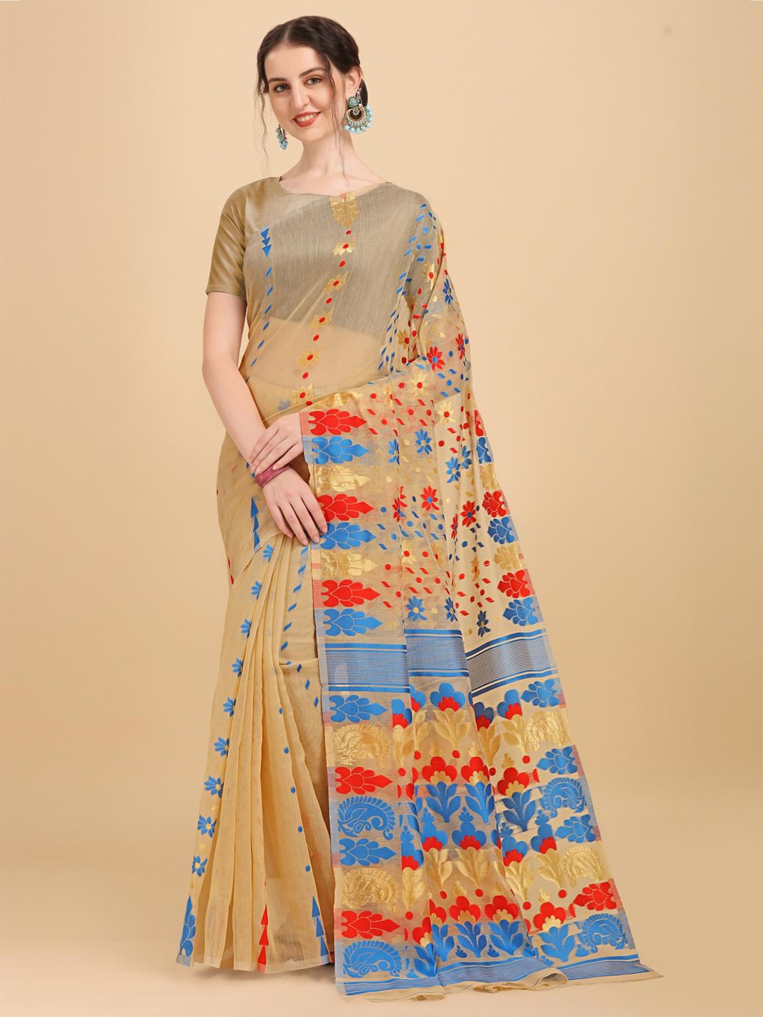 

LIMDO Ethnic Motifs Woven Design Pure Cotton Jamdani Saree, Cream