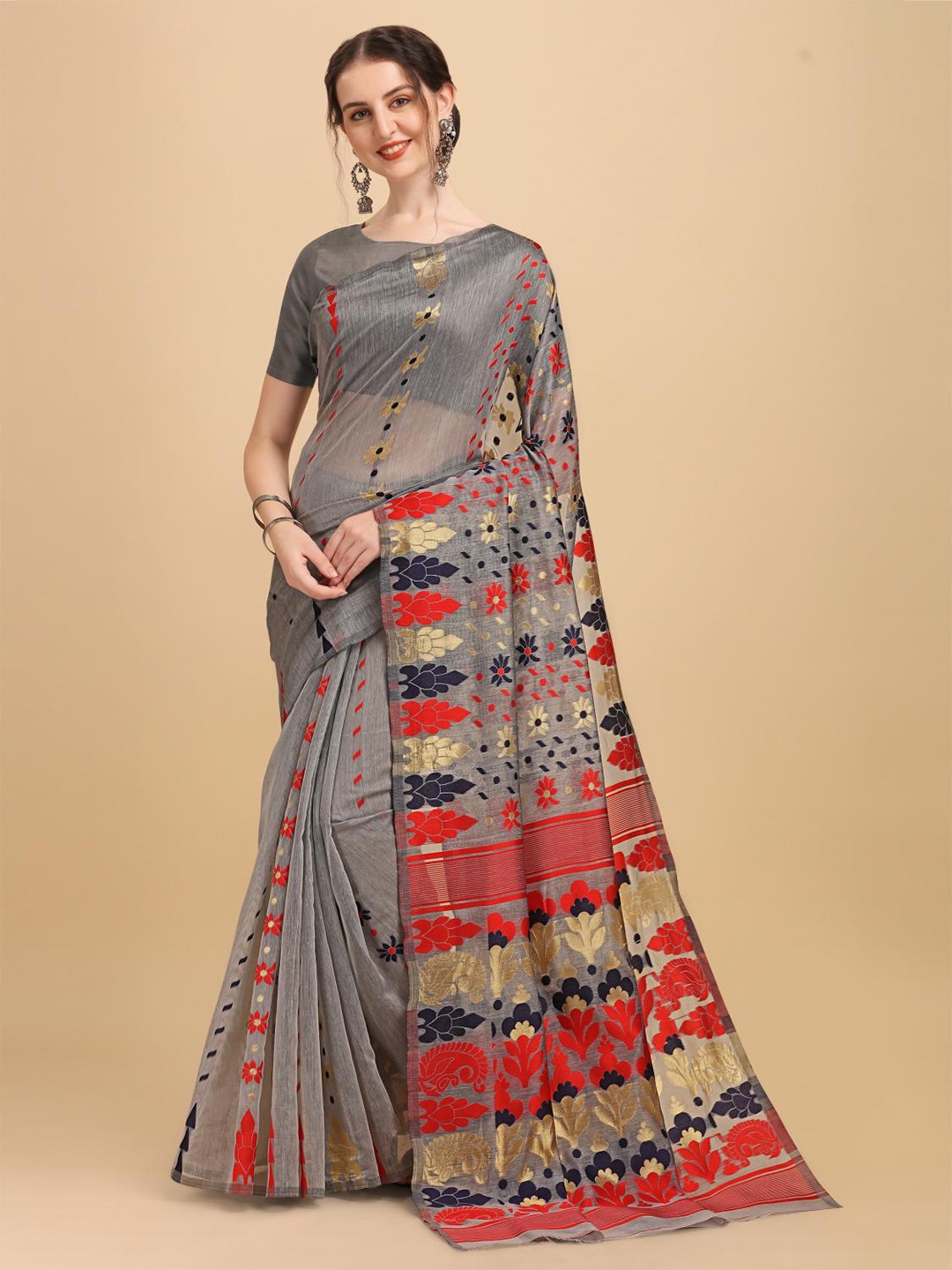 

LIMDO Floral Woven Design Pure Cotton Jamdani Saree, Grey