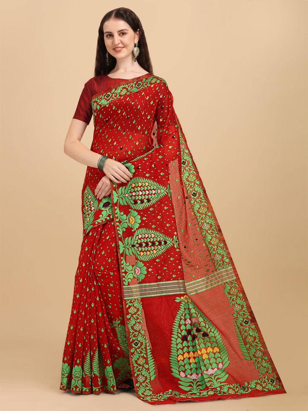 

LIMDO Ethnic Motifs Woven Design Pure Cotton Jamdani Saree, Red