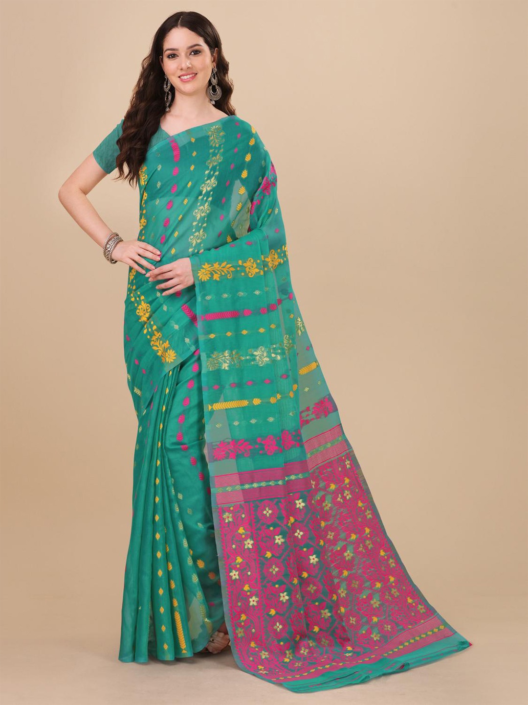 

LIMDO Teal Green Ethnic Woven Design Pure Cotton Jamdani Saree