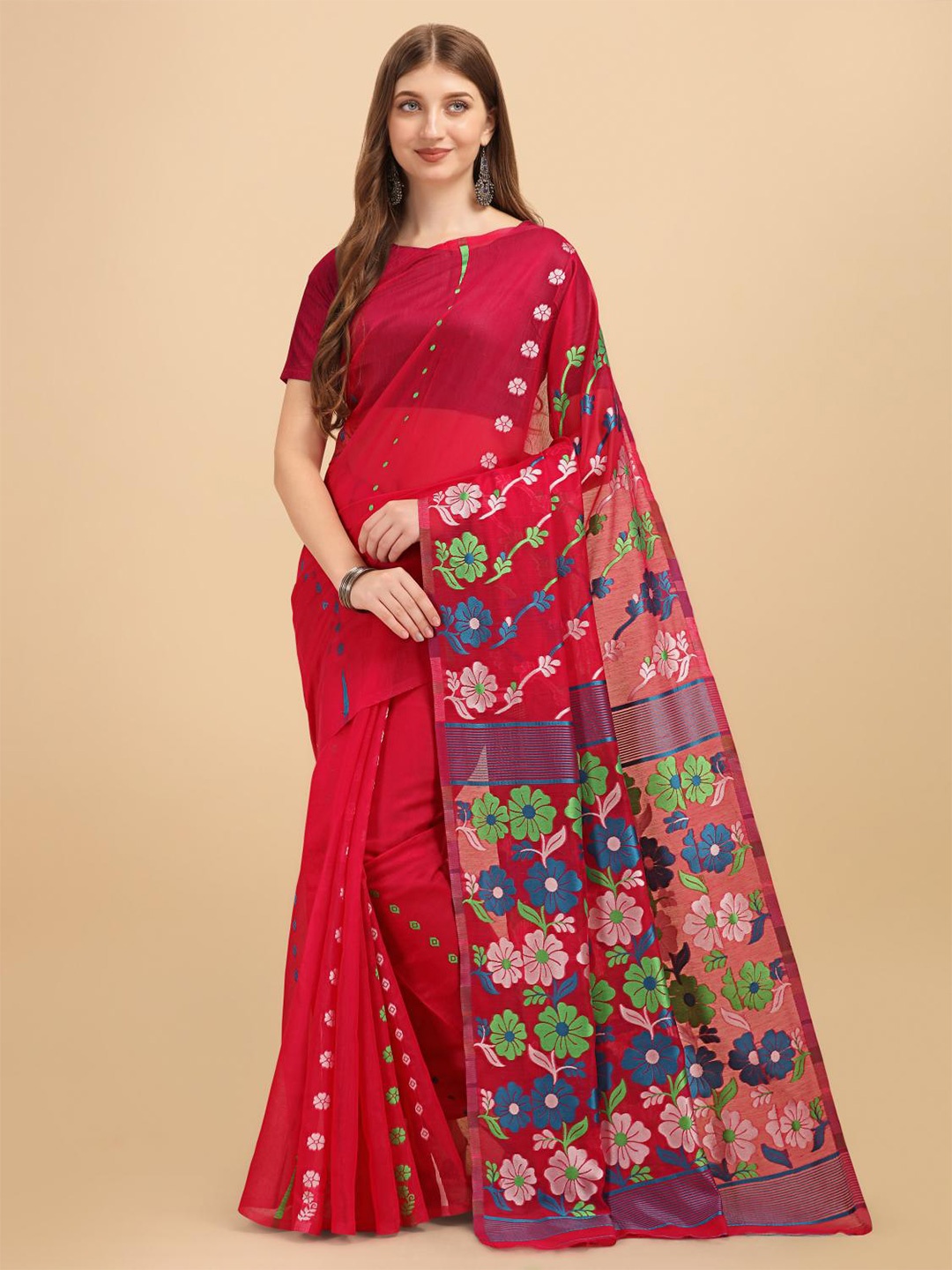 

LIMDO Floral Woven Design Pure Cotton Jamdani Saree, Pink