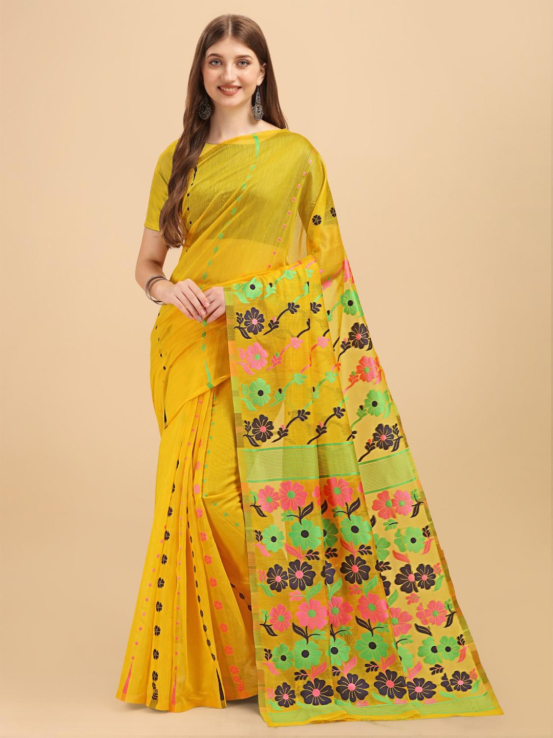LIMDO Floral Woven Design Pure Cotton Jamdani Saree, Yellow