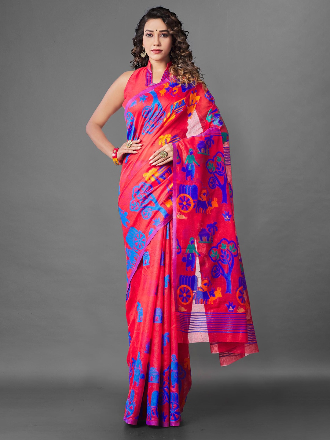 

LIMDO Pink Woven Design Pure Cotton Jamdani Saree