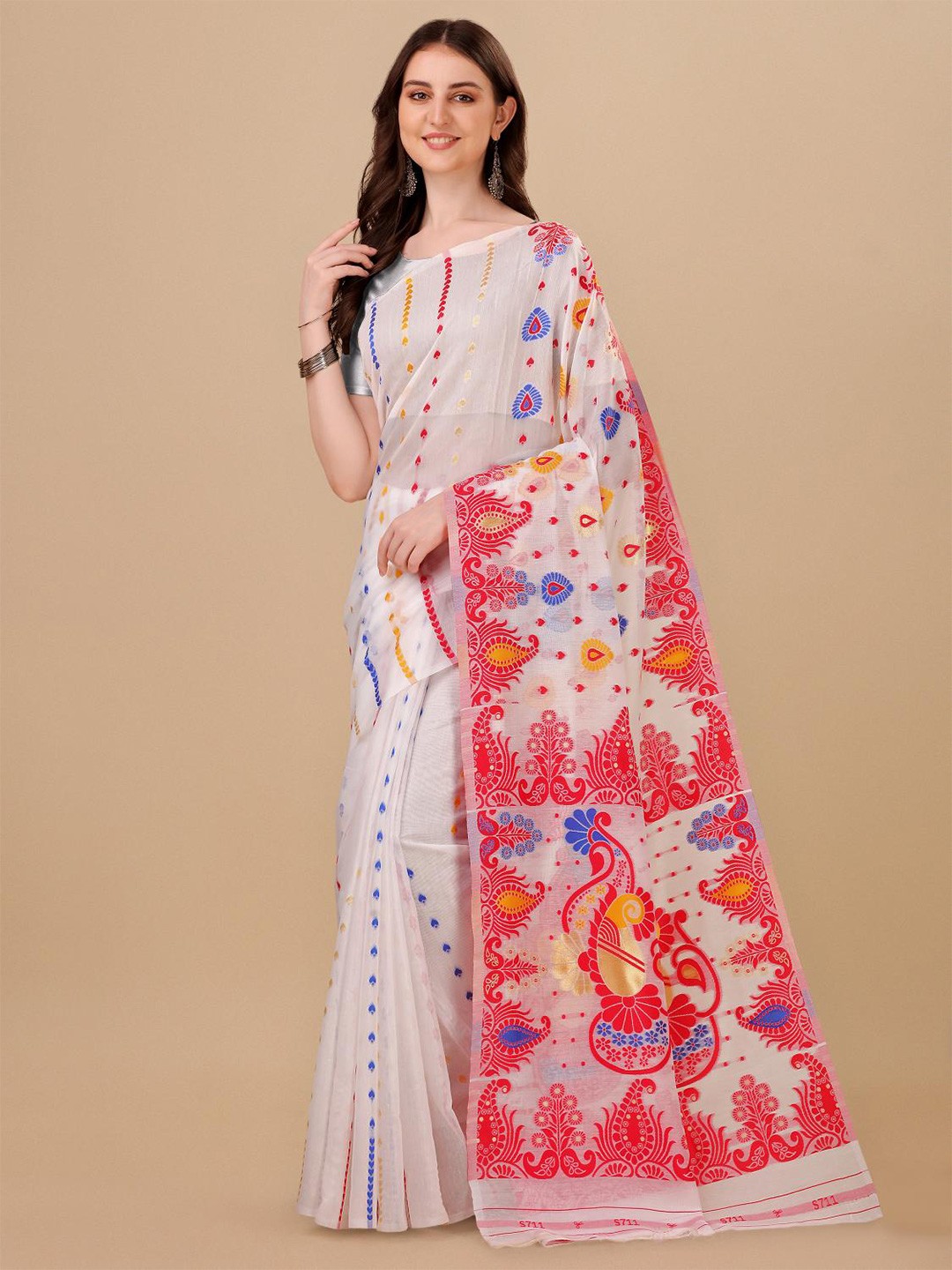 

LIMDO Ethnic Motifs Woven Design Pure Cotton Jamdani Saree, White
