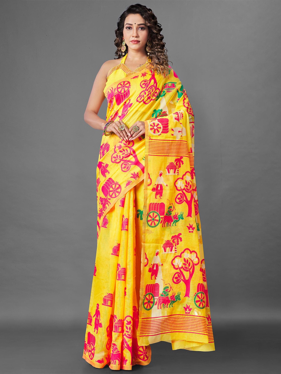 

LIMDO Woven Design Pure Cotton Jamdani Saree, Yellow