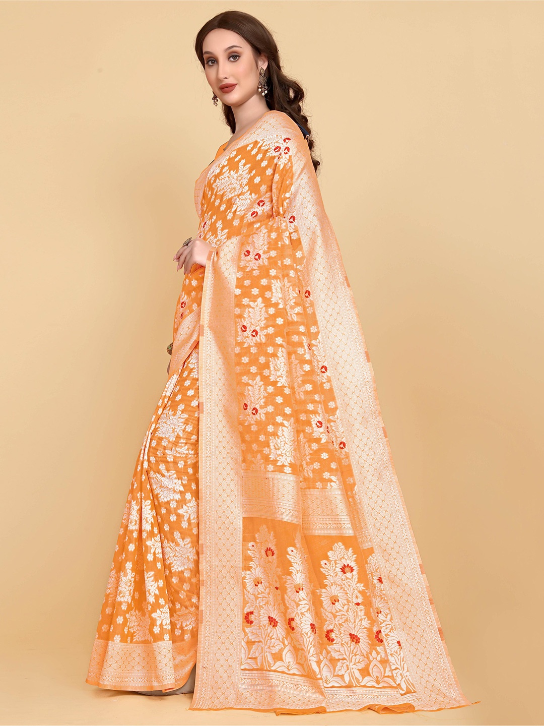 

LIMDO Woven Design Pure Cotton Jamdani Saree, Orange