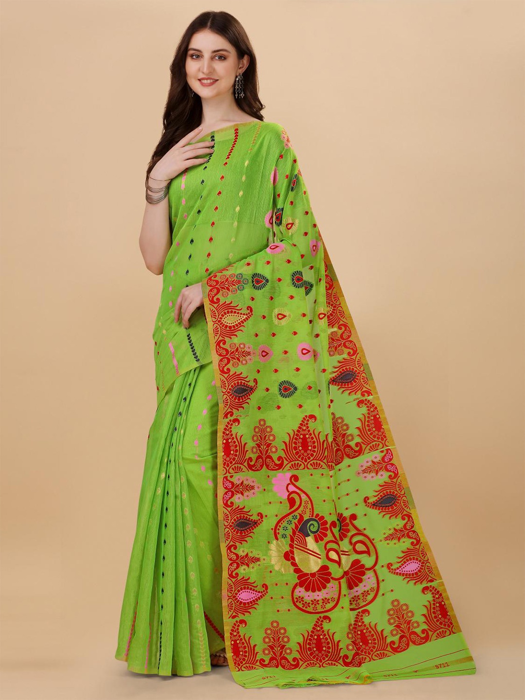 

LIMDO Ethnic Motifs Woven Design Pure Cotton Jamdani Saree, Lime green