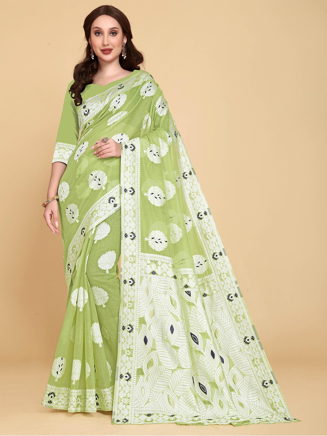 LIMDO Floral Woven Design Zari Pure Cotton Jamdani Saree, Lime green
