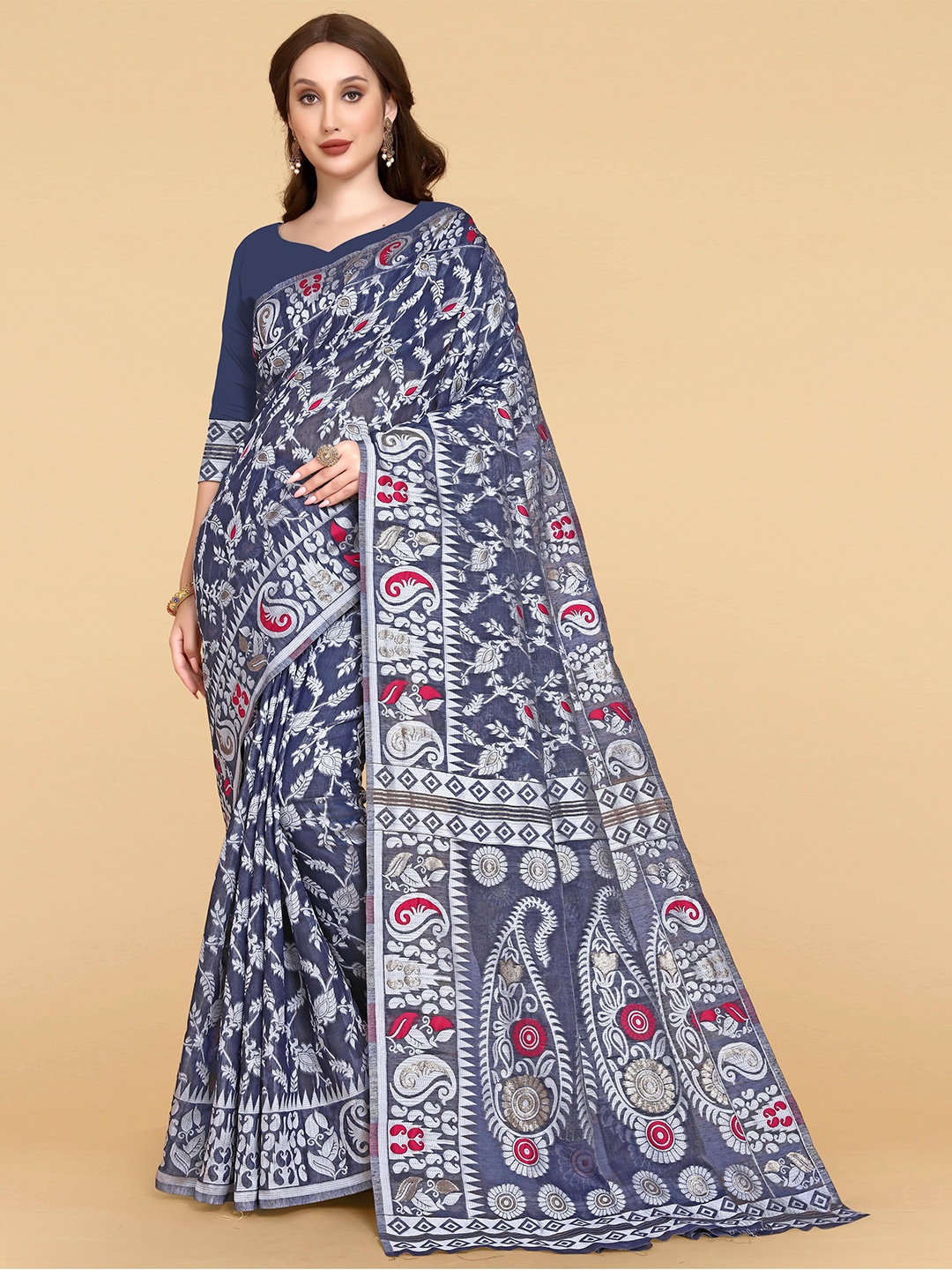 

LIMDO Ethnic Motifs Woven Design Pure Cotton Jamdani Saree, Blue