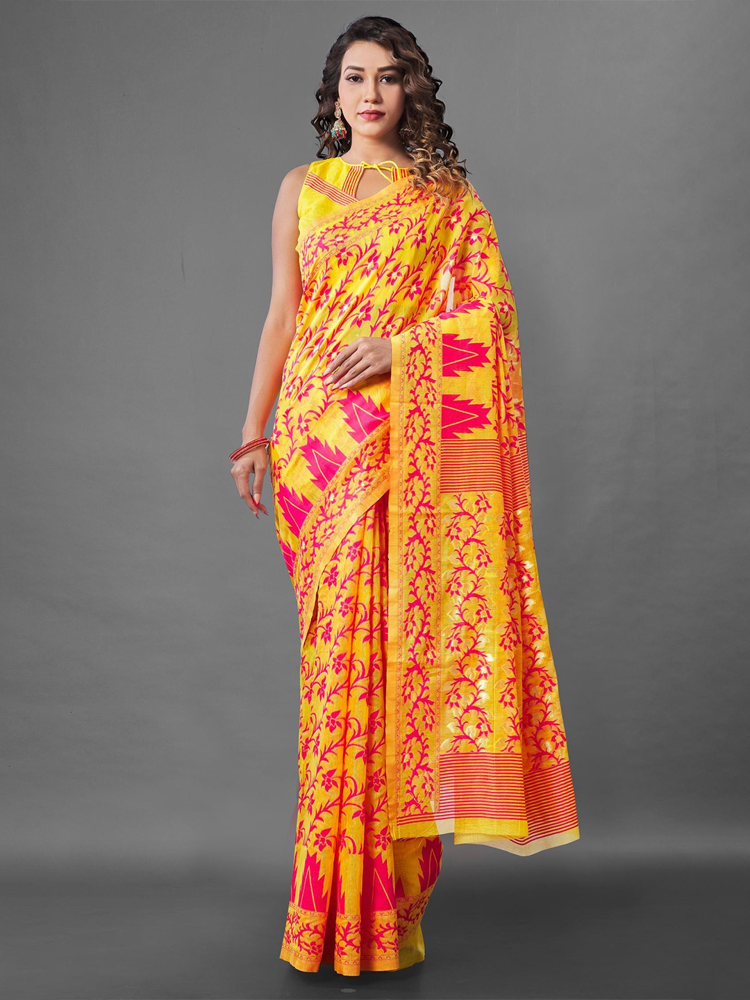 LIMDO Woven Design Pure Cotton Jamdani Saree, Yellow