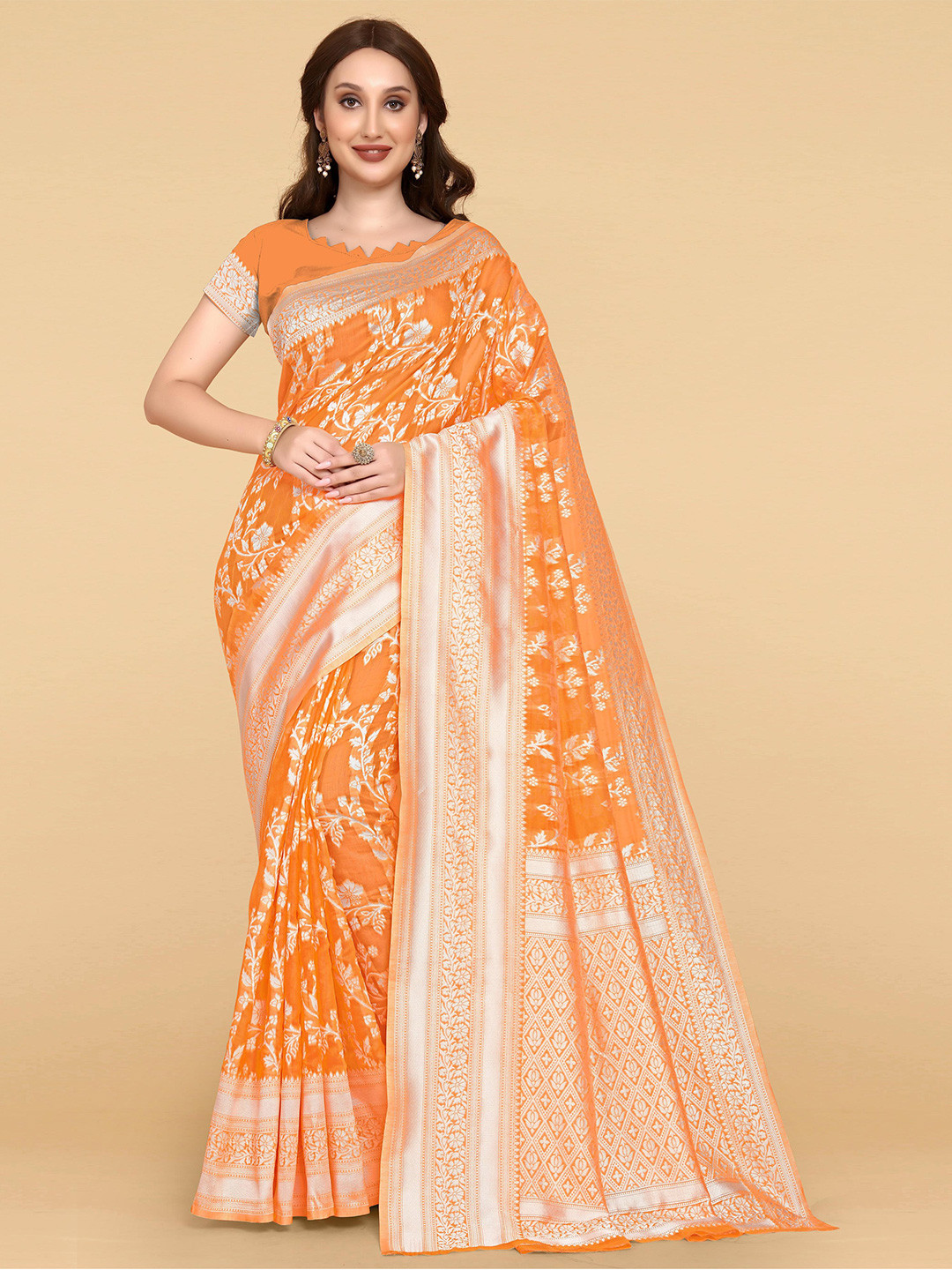 

LIMDO Floral Woven Design Zari Pure Cotton Jamdani Saree, Orange