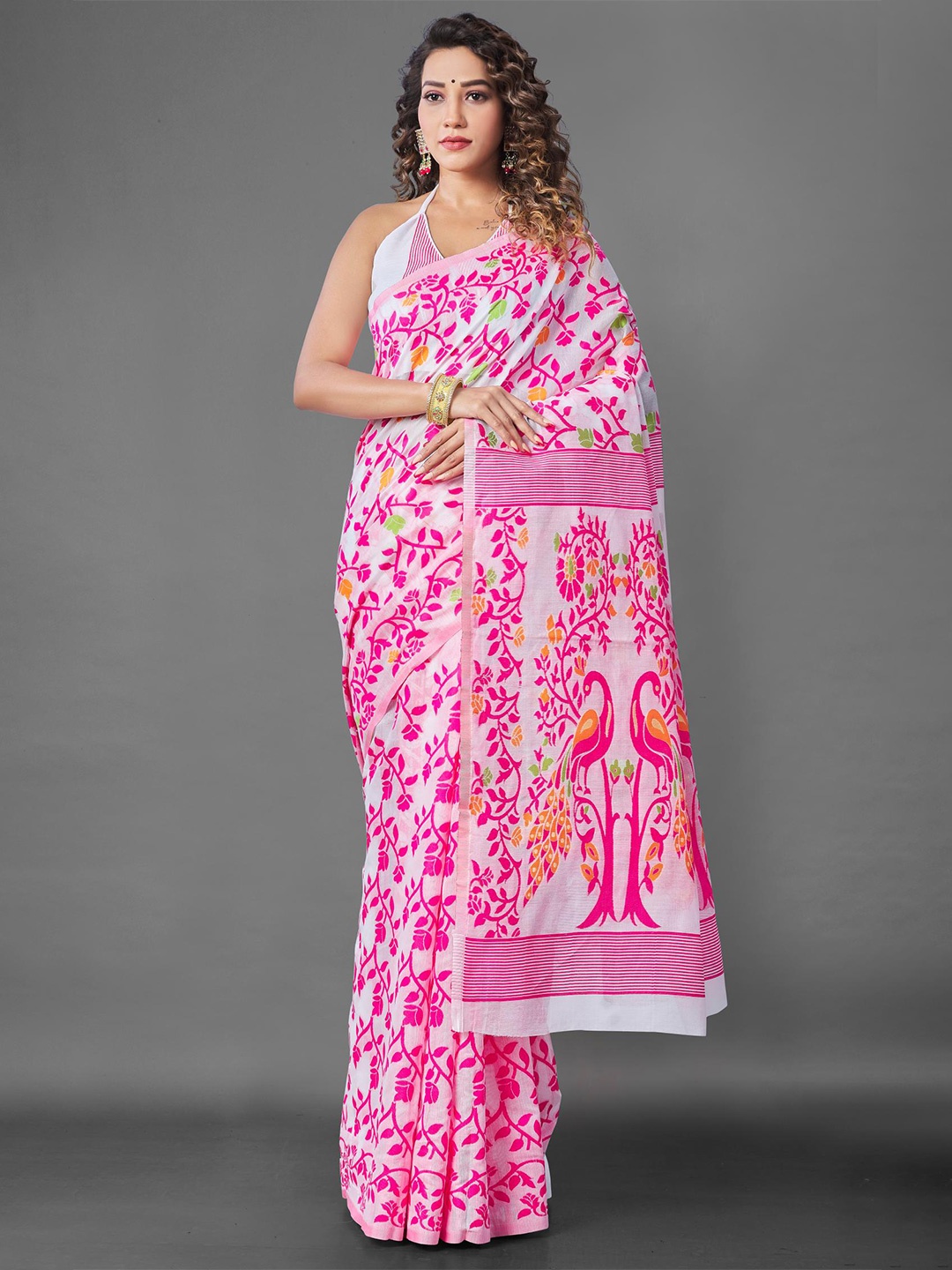 

LIMDO Woven Design Pure Cotton Jamdani Saree, White