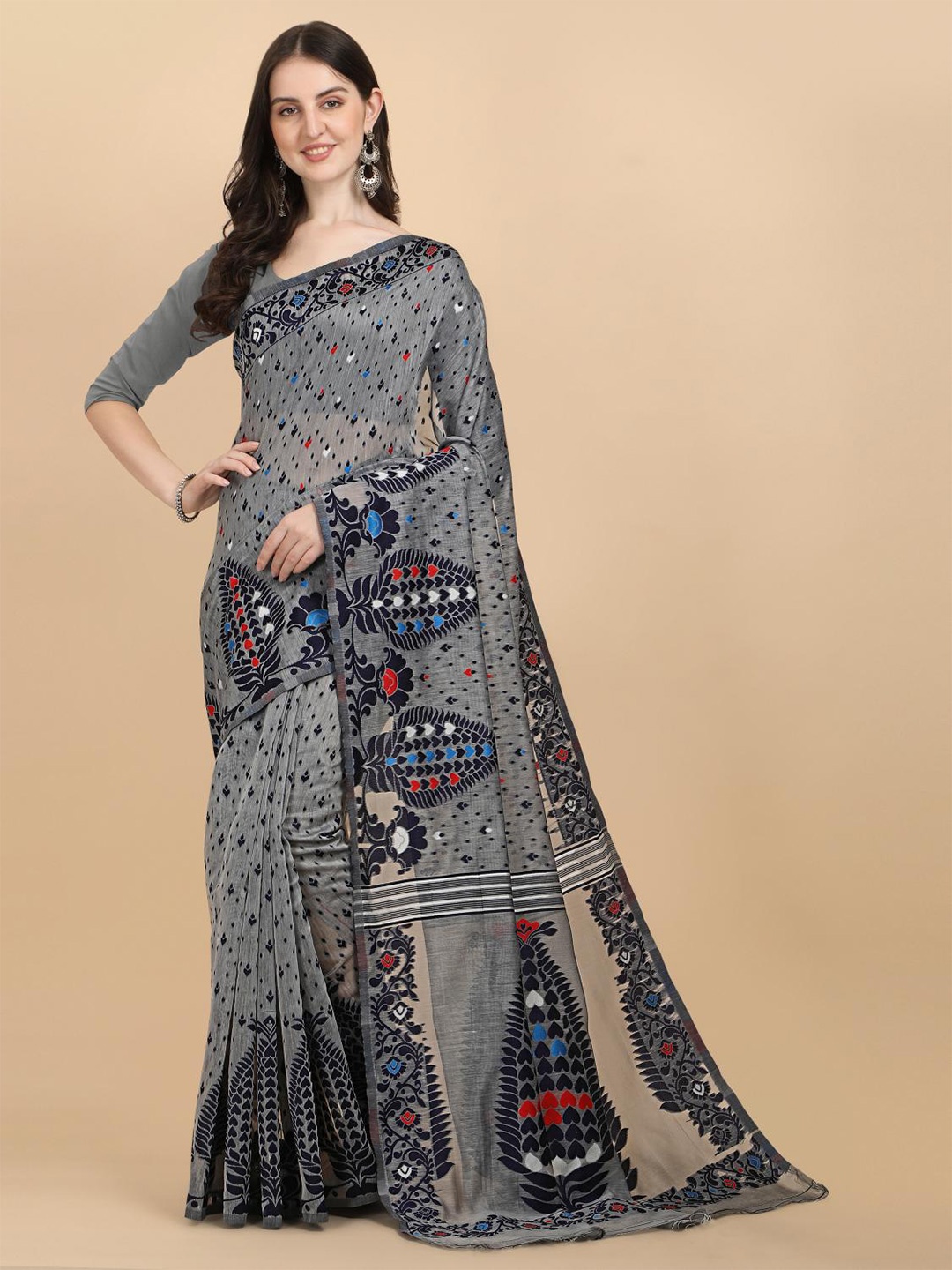 

LIMDO Woven Design Pure Cotton Jamdani Saree, Grey