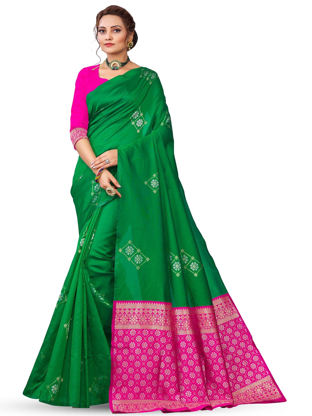 

LIMDO Floral Woven Design Pure Silk Banarasi Saree, Green