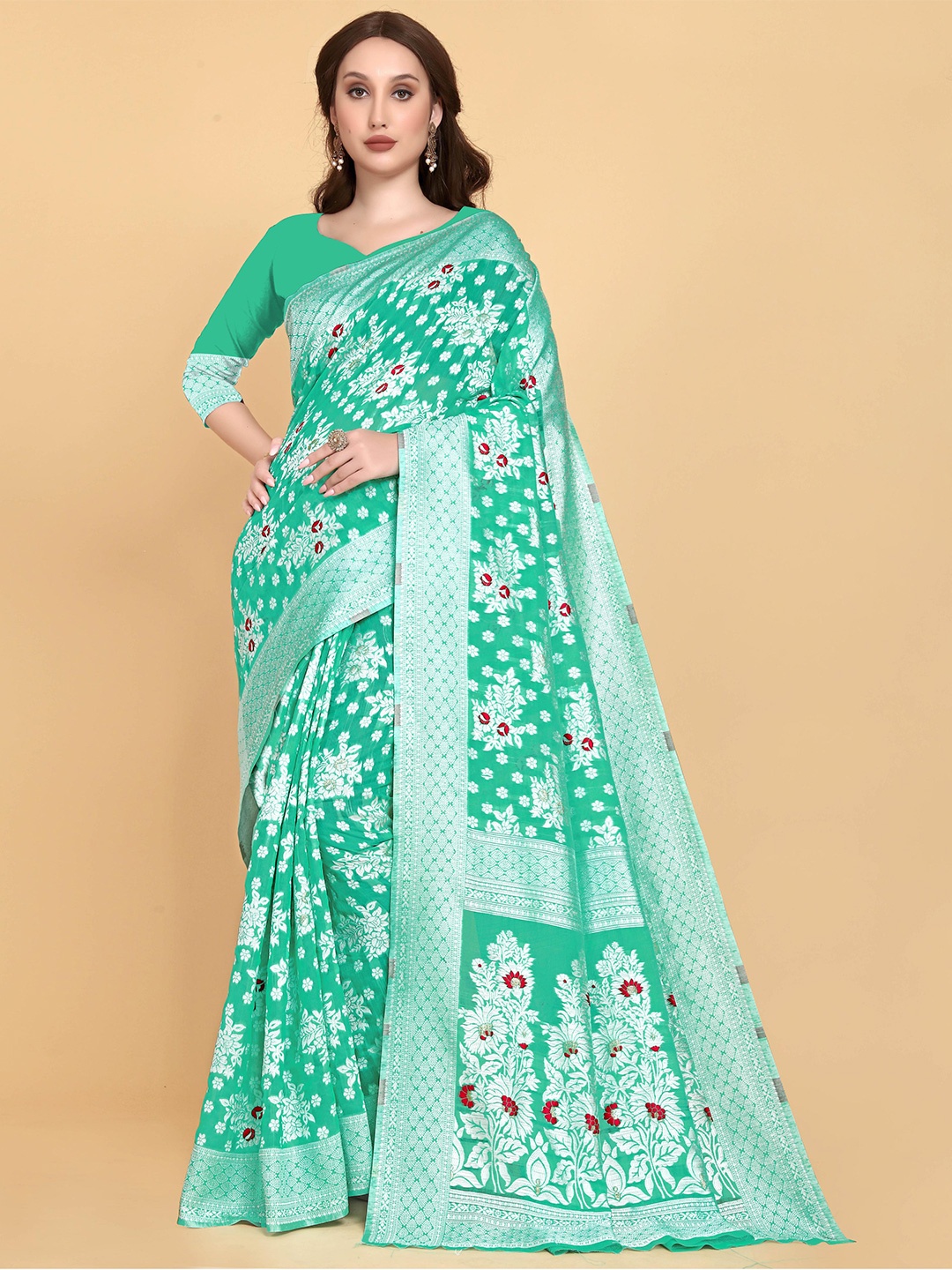 

LIMDO Floral Woven Design Zari Pure Cotton Jamdani Saree, Teal