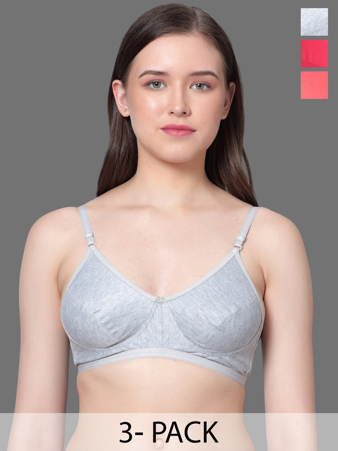 

Aimly Pack Of 3 Mid Coverage Non-Padded Cotton Everyday Bras With All Day Comfort, Grey