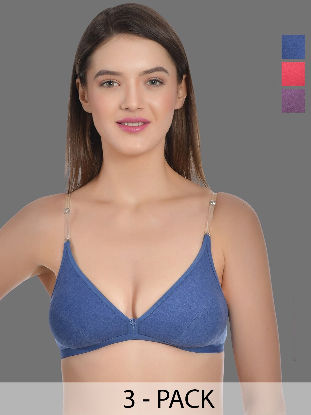 

Aimly Pack Of 3 Half Coverage All Day Comfort Cotton T-shirt Bra, Blue