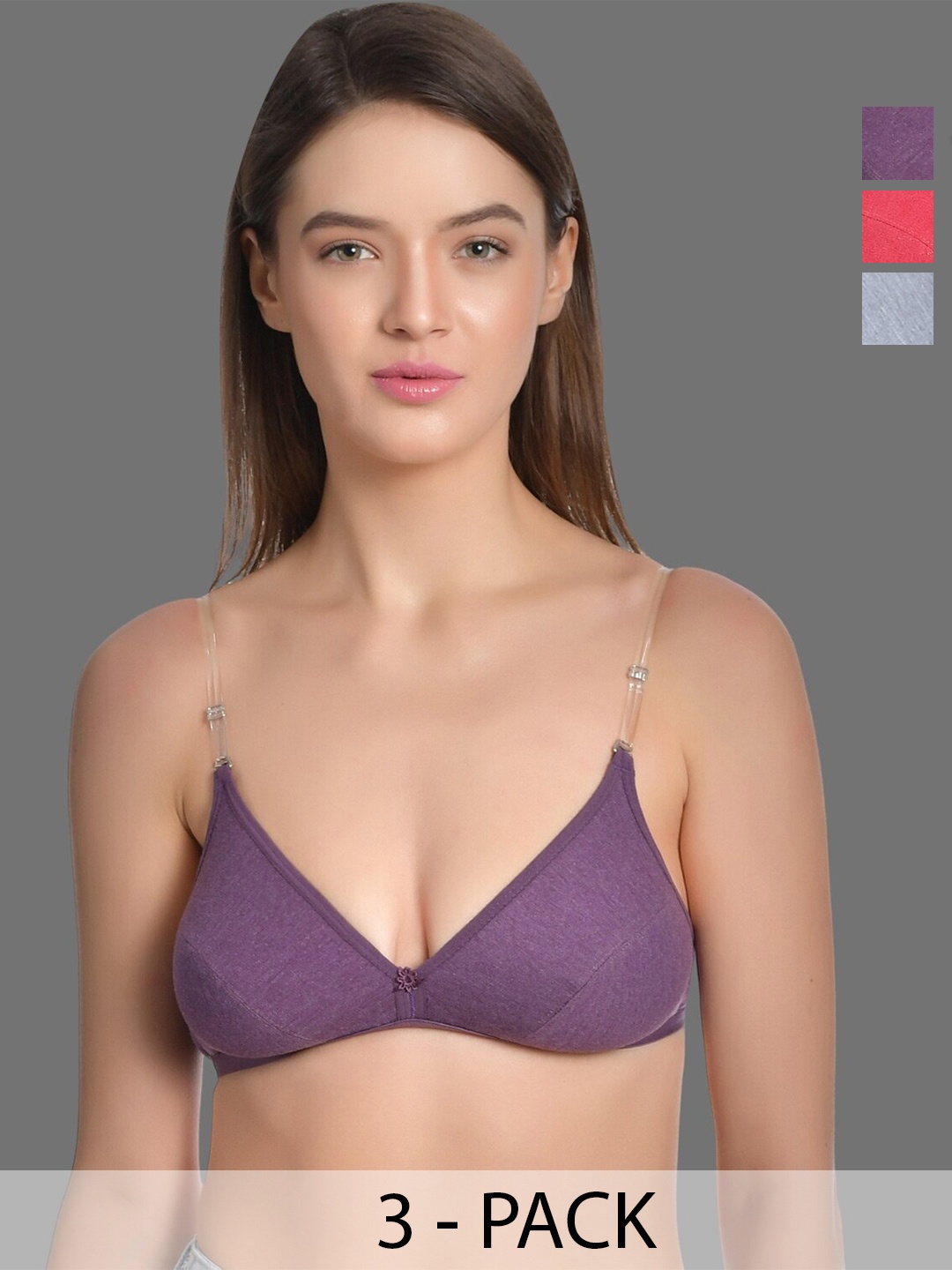 

Aimly Pack Of 3 Half Coverage All Day Comfort Cotton T-shirt Bra, Purple