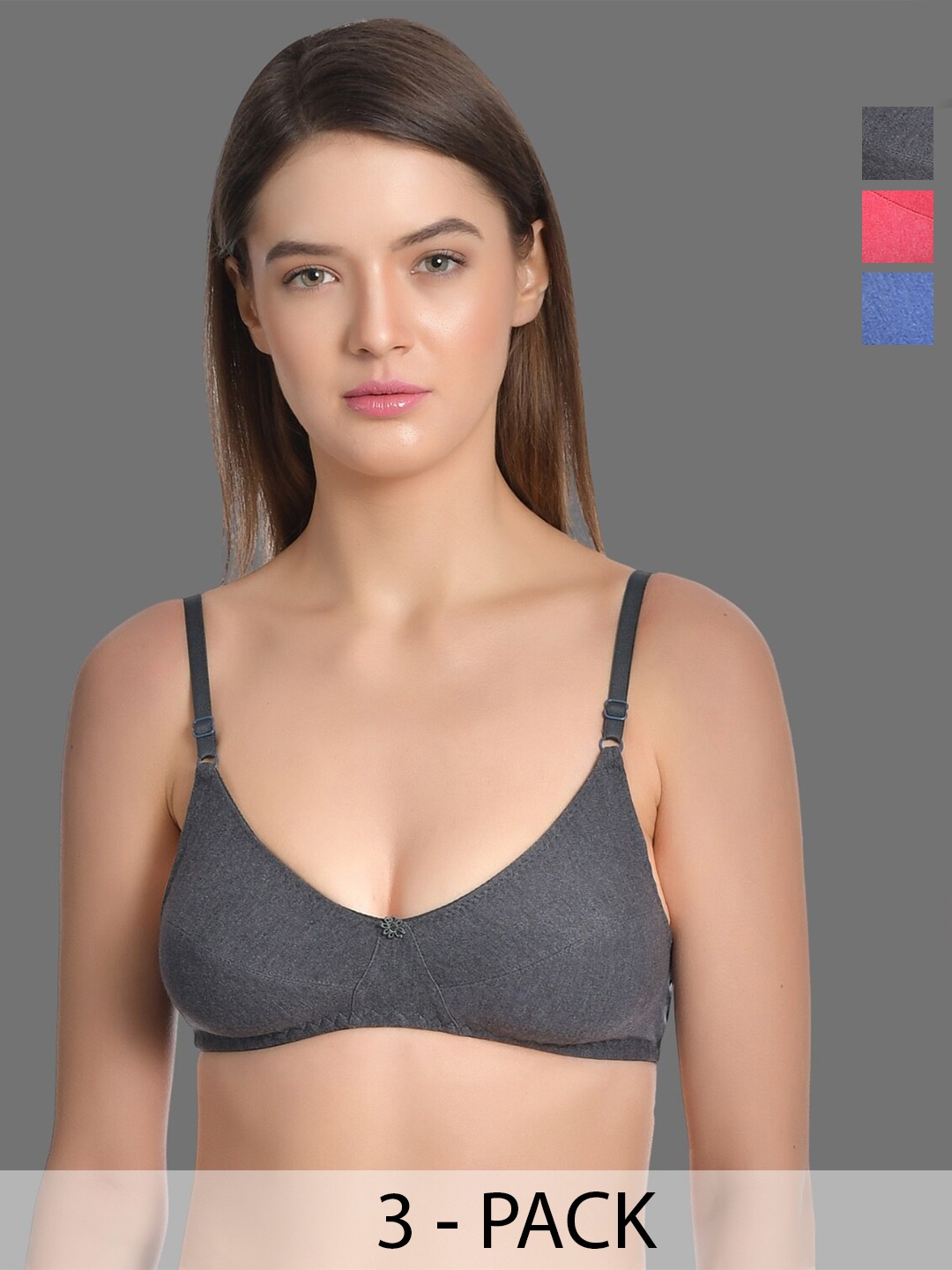 

Aimly Pack Of 3 Half Coverage All Day Comfort Cotton T-shirt Bra, Charcoal