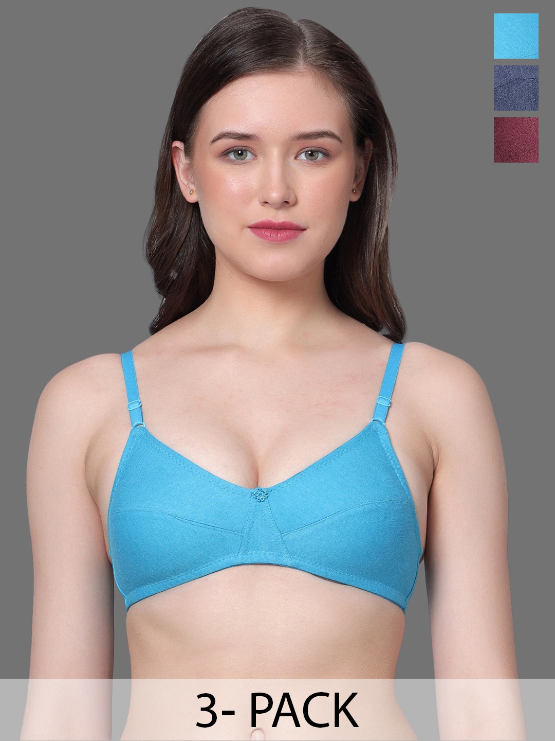 

Aimly Pack of 3 Non-Padded Cotton Everyday Bra - Full Coverage, Navy blue