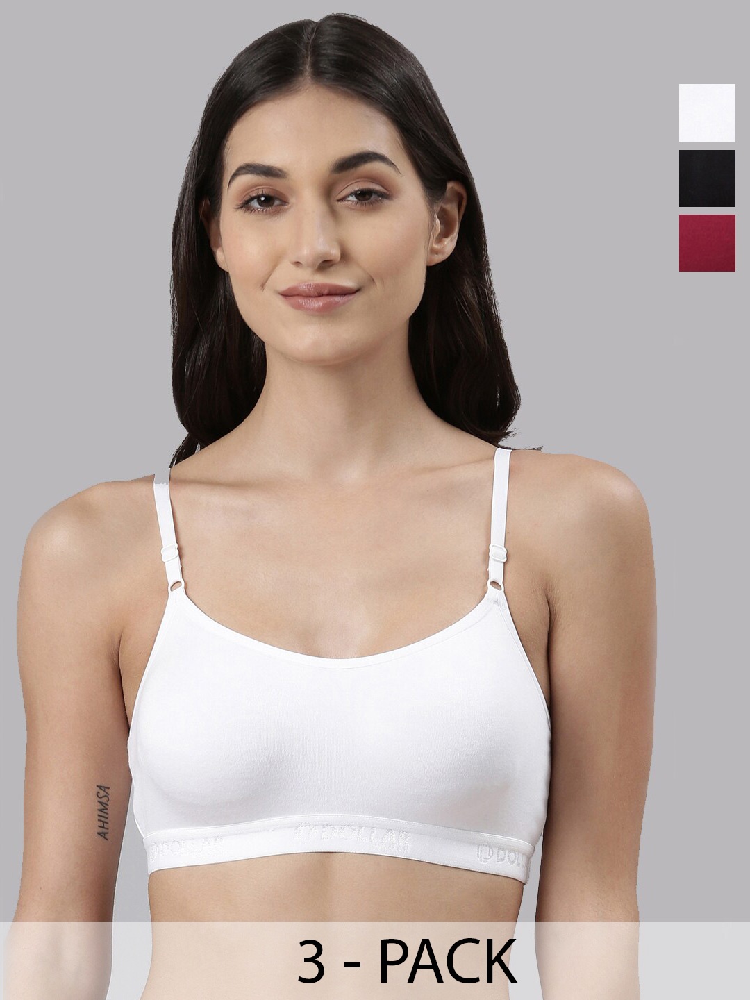

Dollar Missy Pack of 3 Women Cotton Wire-Free Beginners Bra DBG-4001-BK-CRS-WH-PO3, Black