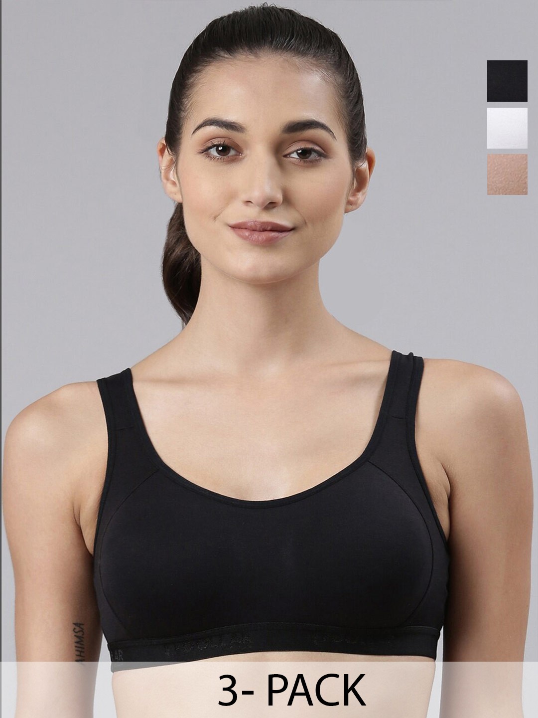 

Dollar Missy Pack of 3 Cotton Wire-Free Moulded Sports Bra DSP-3001-BK-SK-WH-PO3, Black