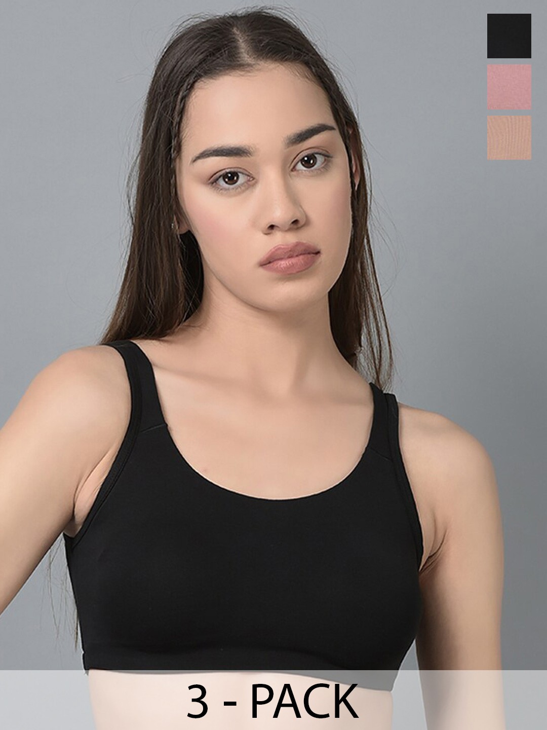 

Dollar Missy Pack of 3 Combed Cotton with Stretchy Elastane Wire-Free Moulded Sports Bra, Black