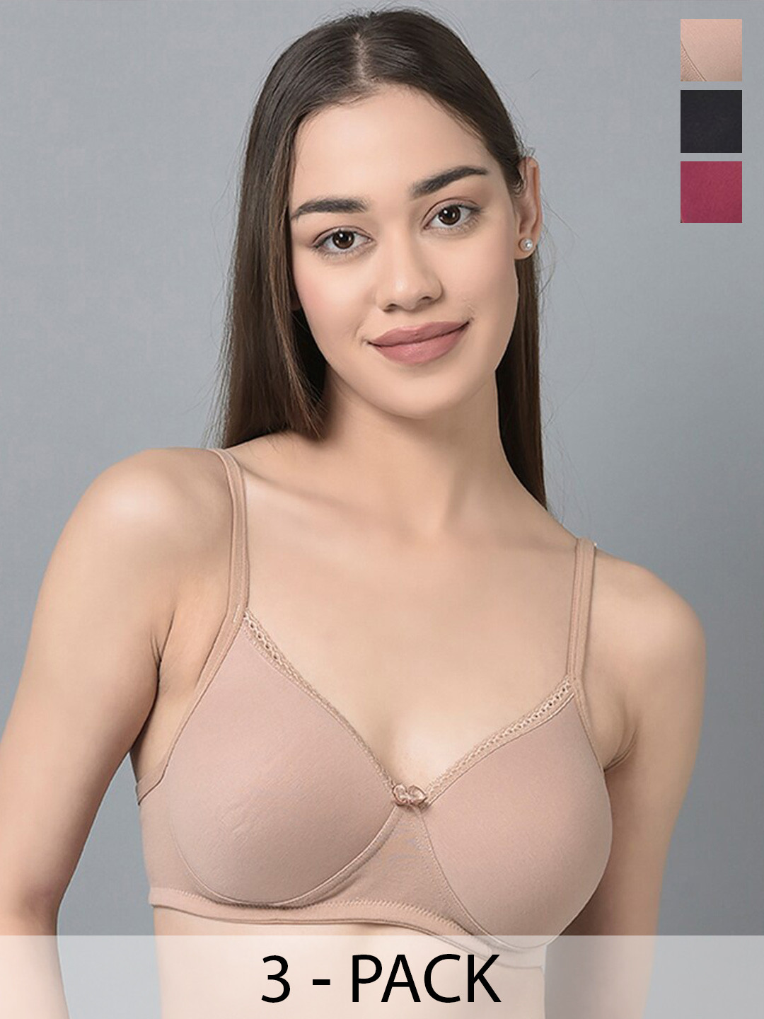 

Dollar Missy Pack of 3 Cotton Wire-Free Full Coverage Padded Bra, Black