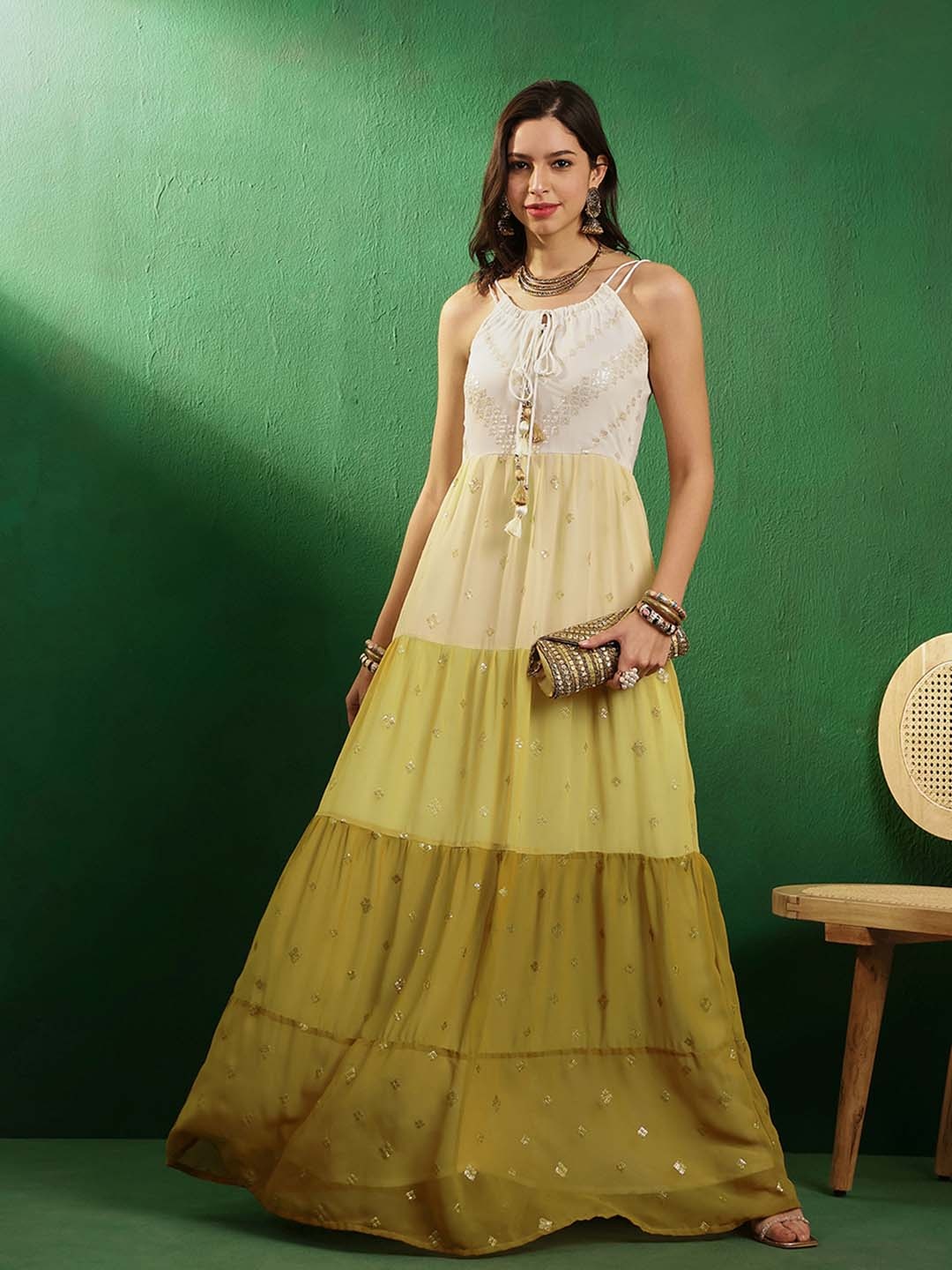 

Sangria Yellow Colourblocked Sequined Flared Pleated Georgette Maxi Ethnic Dress, Mustard