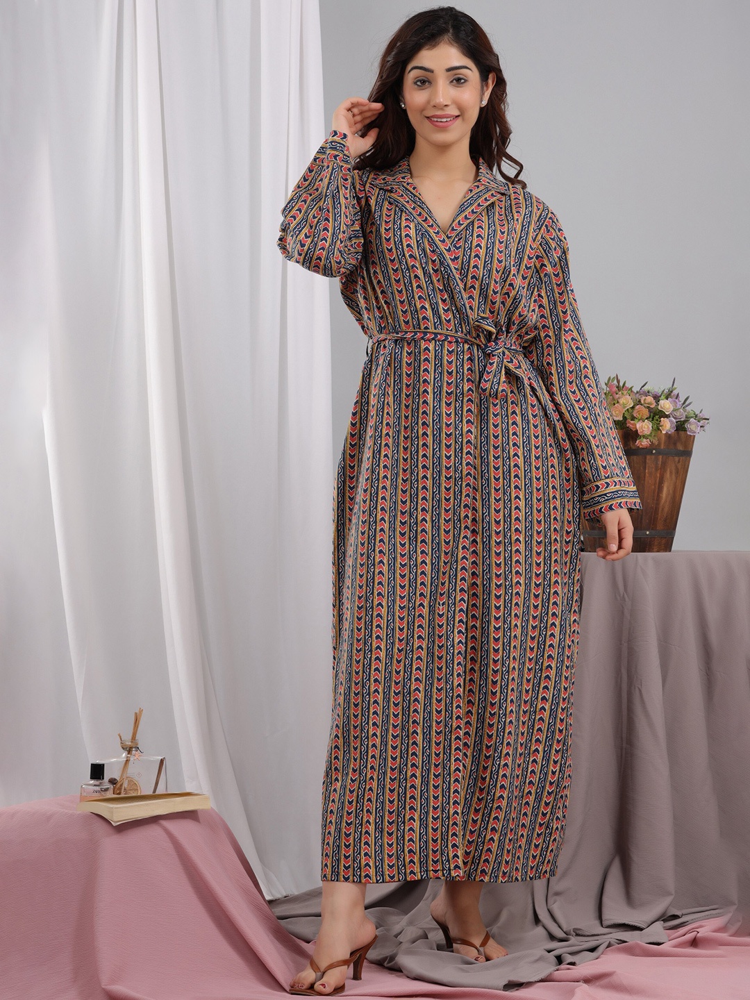 

FEATHERS CLOSET Geometric V-Neck Cotton Maxi Wrap Dress, Blue