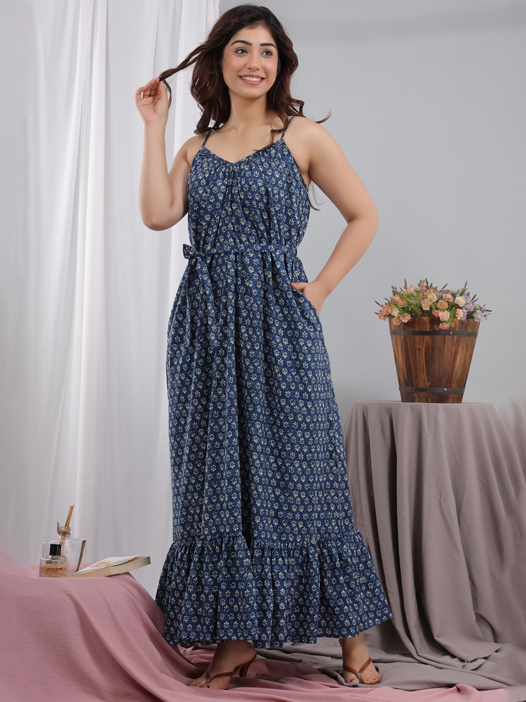 

FEATHERS CLOSET Floral Print Shoulder Straps Tiered Cotton Maxi Dress, Blue