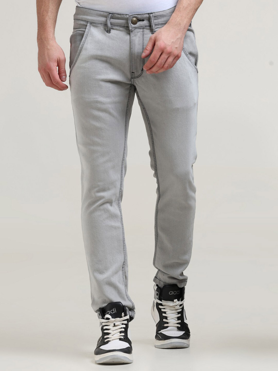 

VUDU Men Narrow Slim Fit Light Fade Clean Look Cotton Jeans, Grey