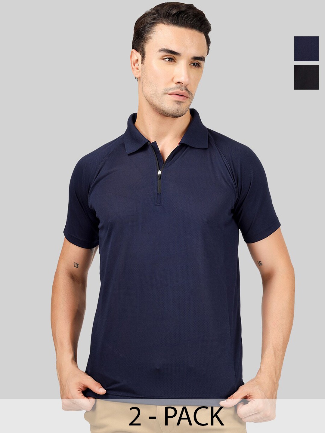 

Greylongg Pack Of 2 Polo Collar Casual Knitted T-shirts, Navy blue