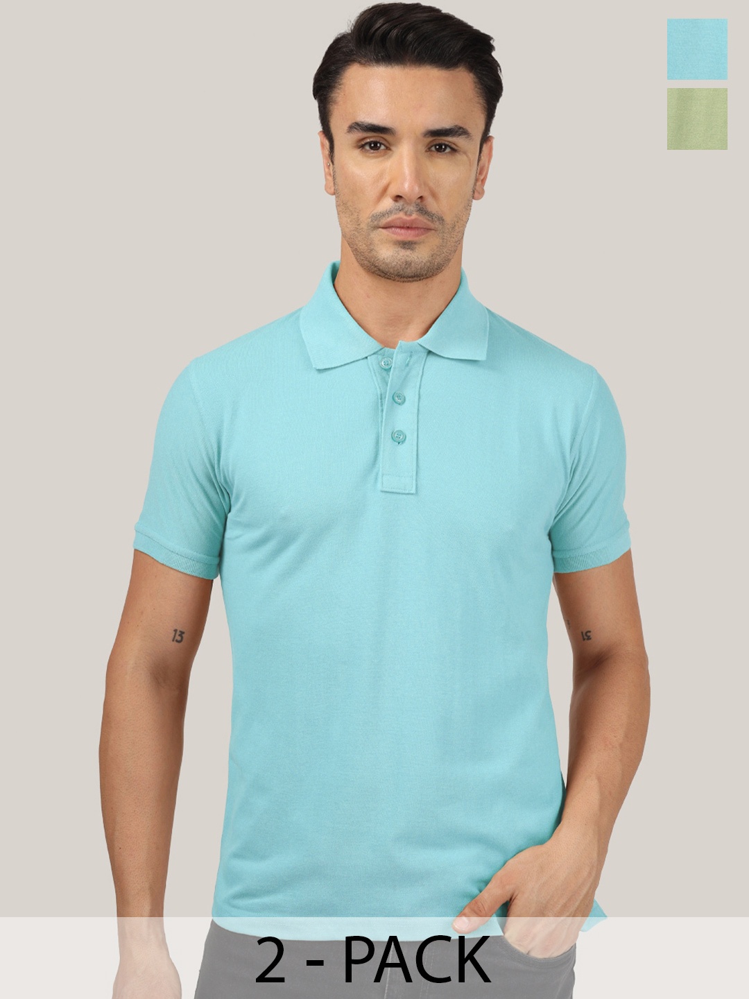

Greylongg Pack Of 2 Polo Collar Casual Knitted T-shirts, Turquoise blue