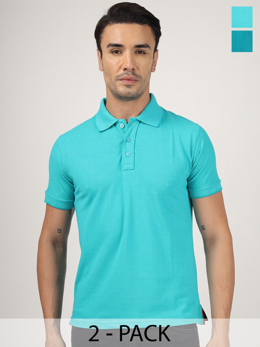 

Greylongg Pack Of 2 Polo Collar Casual Knitted T-shirts, Turquoise blue