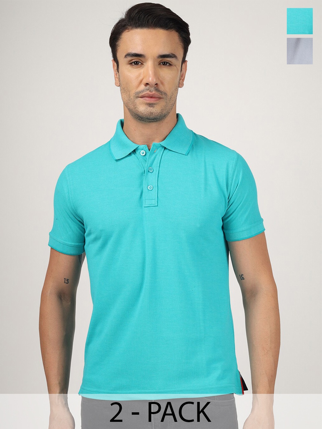 

Greylongg Pack Of 2 Polo Collar Casual Knitted T-shirts, Turquoise blue