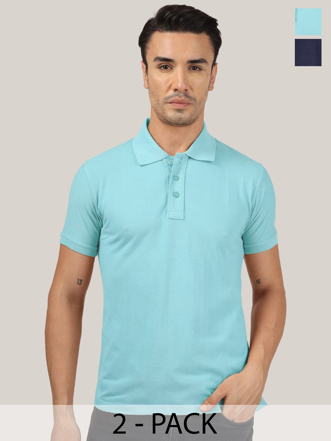 

Greylongg Pack Of 2 Polo Collar Casual Knitted T-shirts, Turquoise blue
