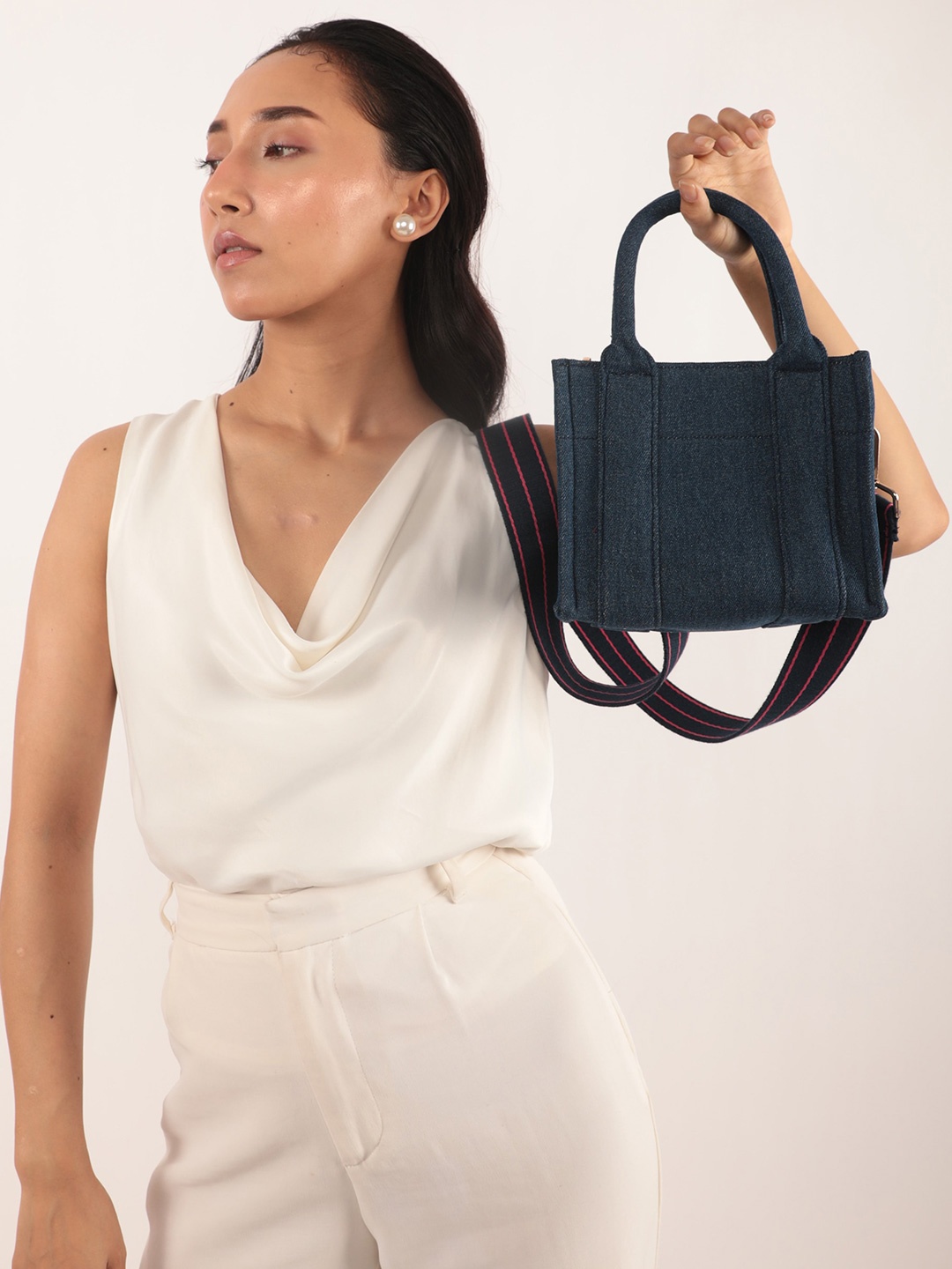

earthbags Structured Cotton Denim Sling Bag, Navy blue