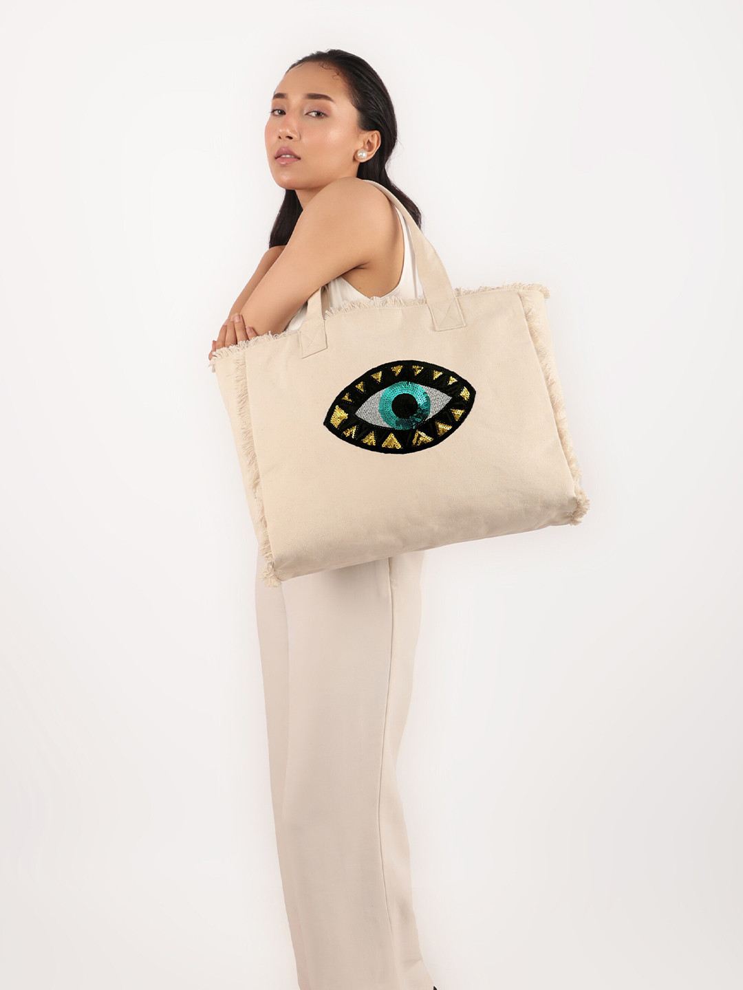 

earthbags Evil Eye Fringe Tote Bag, Off white