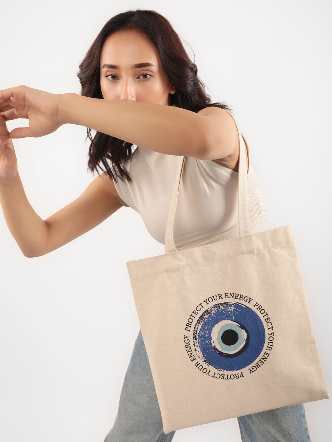 

earthbags Evil eye Cotton Tote Bag, Off white