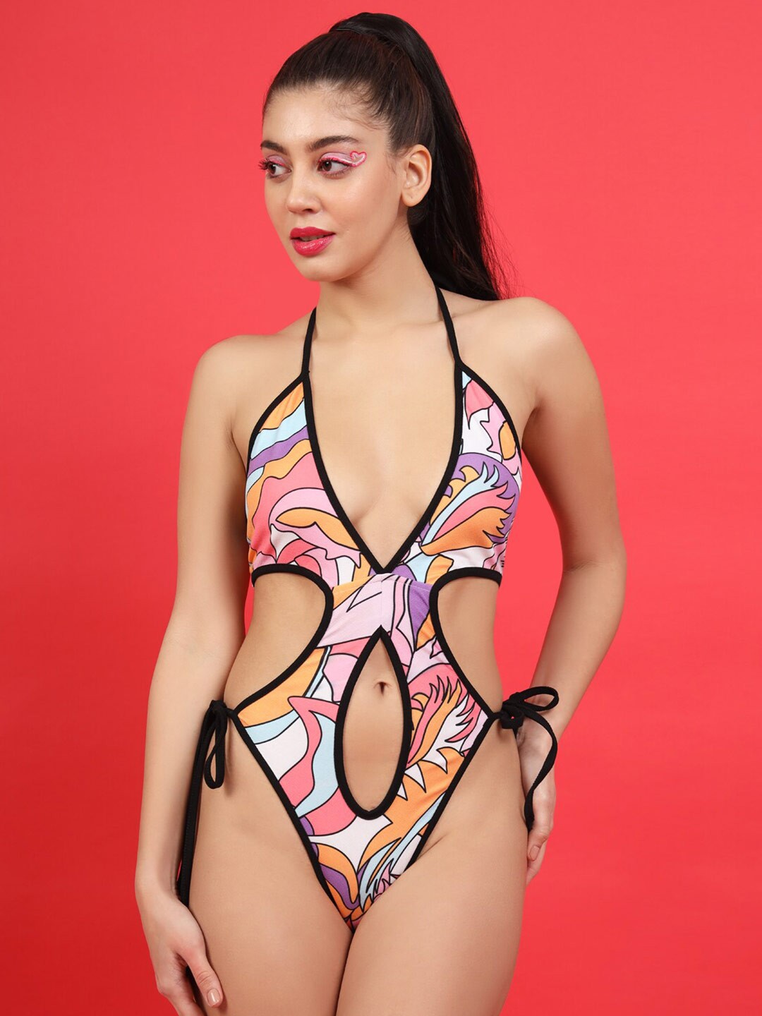 

BAESD Halter Neck Abstract Printed Cut-Out Detail Bodysuit, Pink