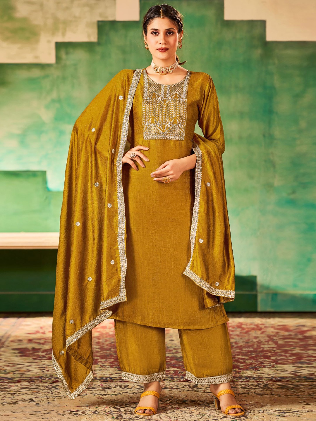 

KALINI Embroidered Three-Quarter Sleeves Thread Work Kurta with Palazzos & With Dupatta, Mustard