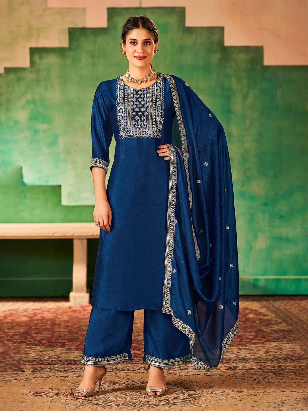 

KALINI Embroidered Three-Quarter Sleeves Thread Work Kurta with Palazzos & With Dupatta, Navy blue