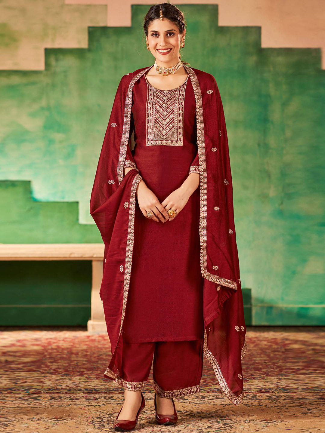 

KALINI Embroidered Three-Quarter Sleeves Thread Work Kurta with Palazzos & With Dupatta, Maroon
