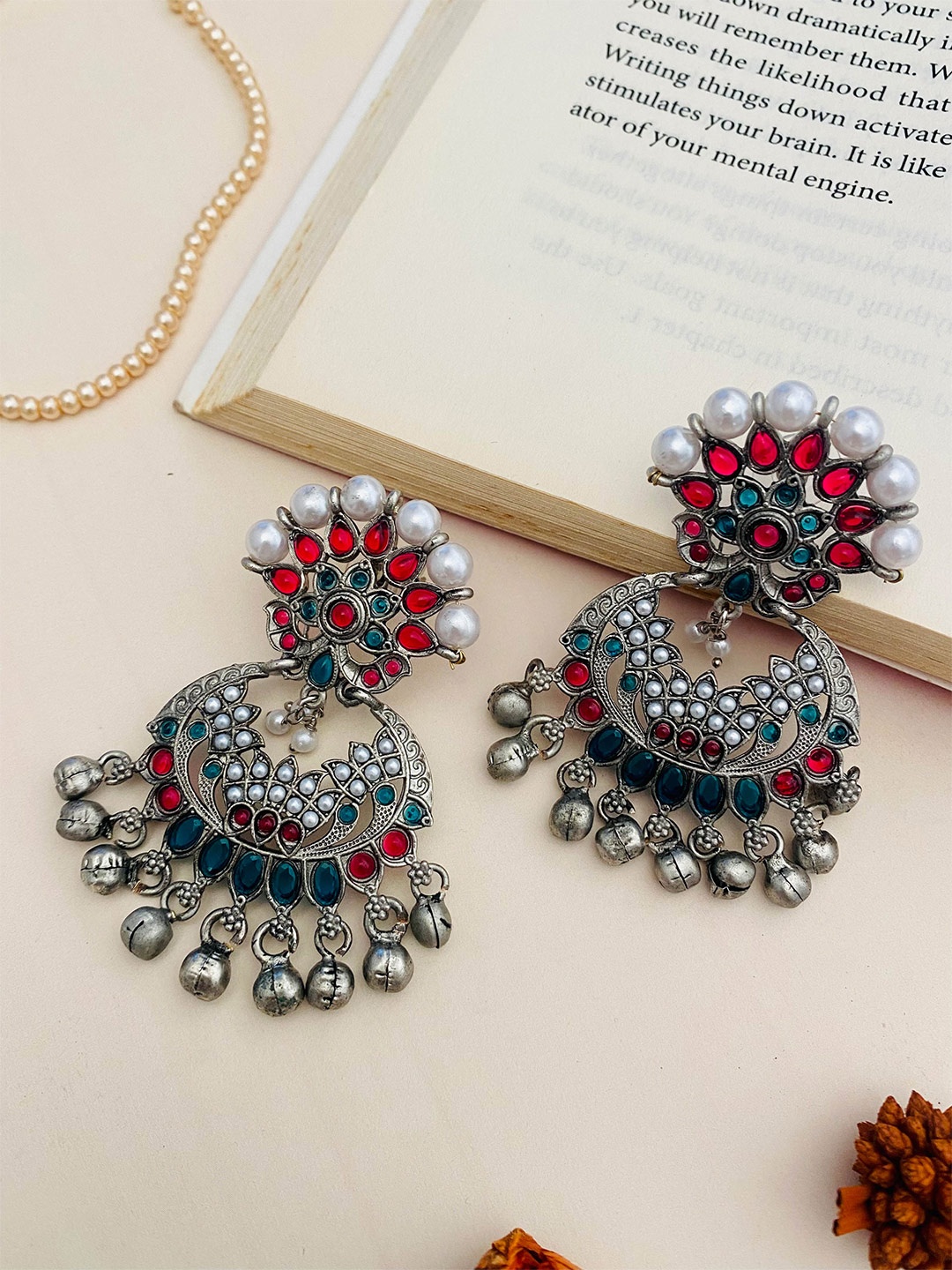 

ABDESIGNS Silver-Plated Stone-Studded Contemporary Chandbalis