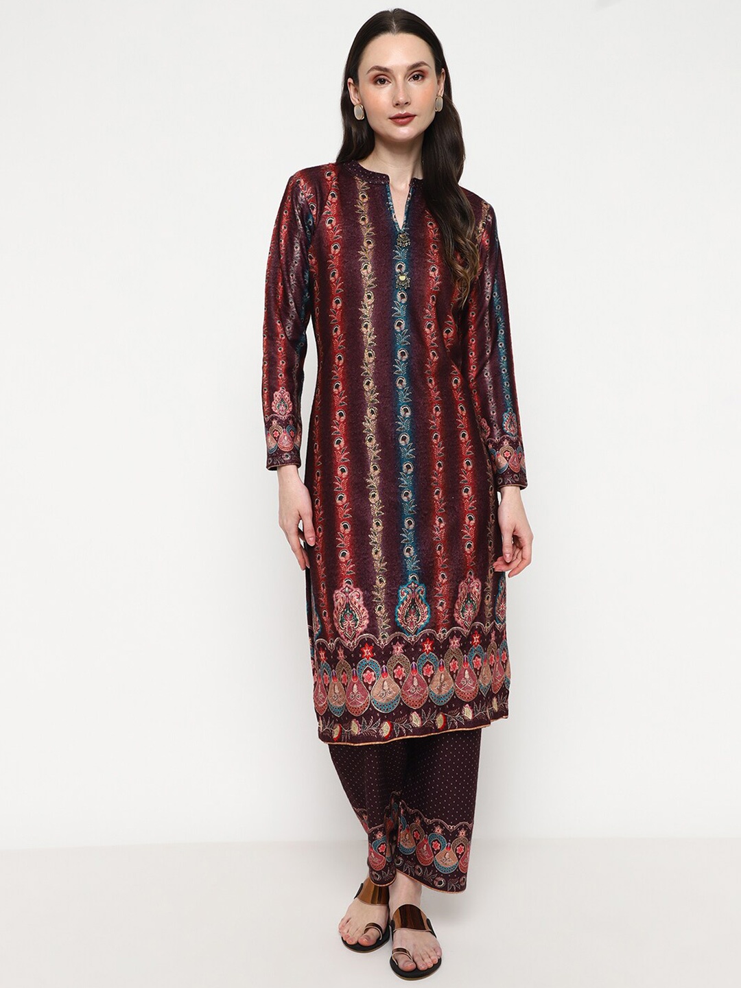 

Be Indi Women Winter Printed Embroidered Kurta & Printed Trousers, Purple