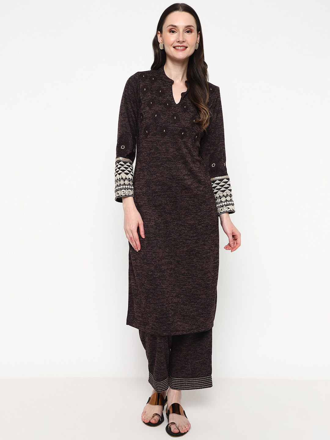 

Be Indi Women Embroidered Kurta with Palazzos, Brown